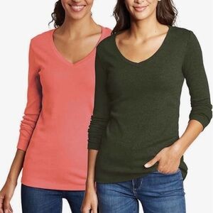 Eddie Bauer Women's Long Sleeve V-Neck 2-Pack T-Shirts Small, Olive, Rose colors